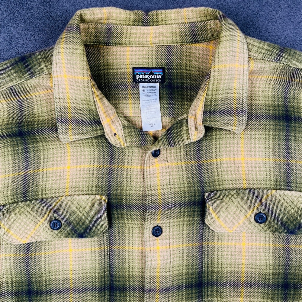 Patagonia Fjord Flannel Shirt Mens XL Yellow Green Plaid Organic Cotton 53947
